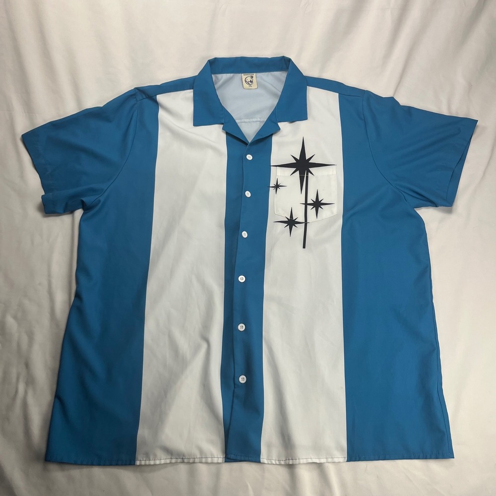 Hardaddy Button Up Shirt XXL Blue White Atomic Starburst Retro Bowling Style